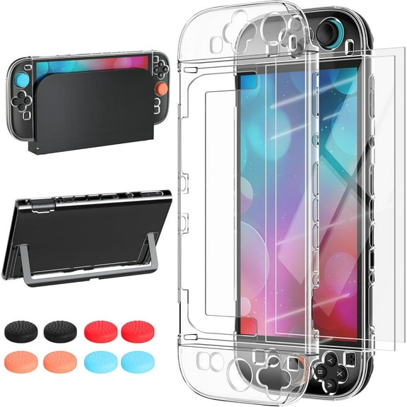 3 in 1 Dockable Case for Switch 2 2025, Slim Hard PC Detachable Protective Crystal Clear Cover Shell Case for Switch 2 with Screen Protector and 8 Thumb Grips Caps Accessories Kits