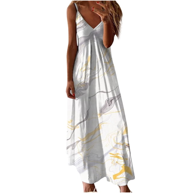 Besolor Robes d'Été pour Femmes Tendance Imprimée Col en V Bretelles Spaghetti Robe de Plage Décontractée Fluide Maxi