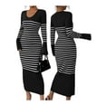 thumbnail image 3 of Women'S Striped V Neck Sweater Dress Long Sleeve Bodycon Midi Dresses Black S, 3 of 7