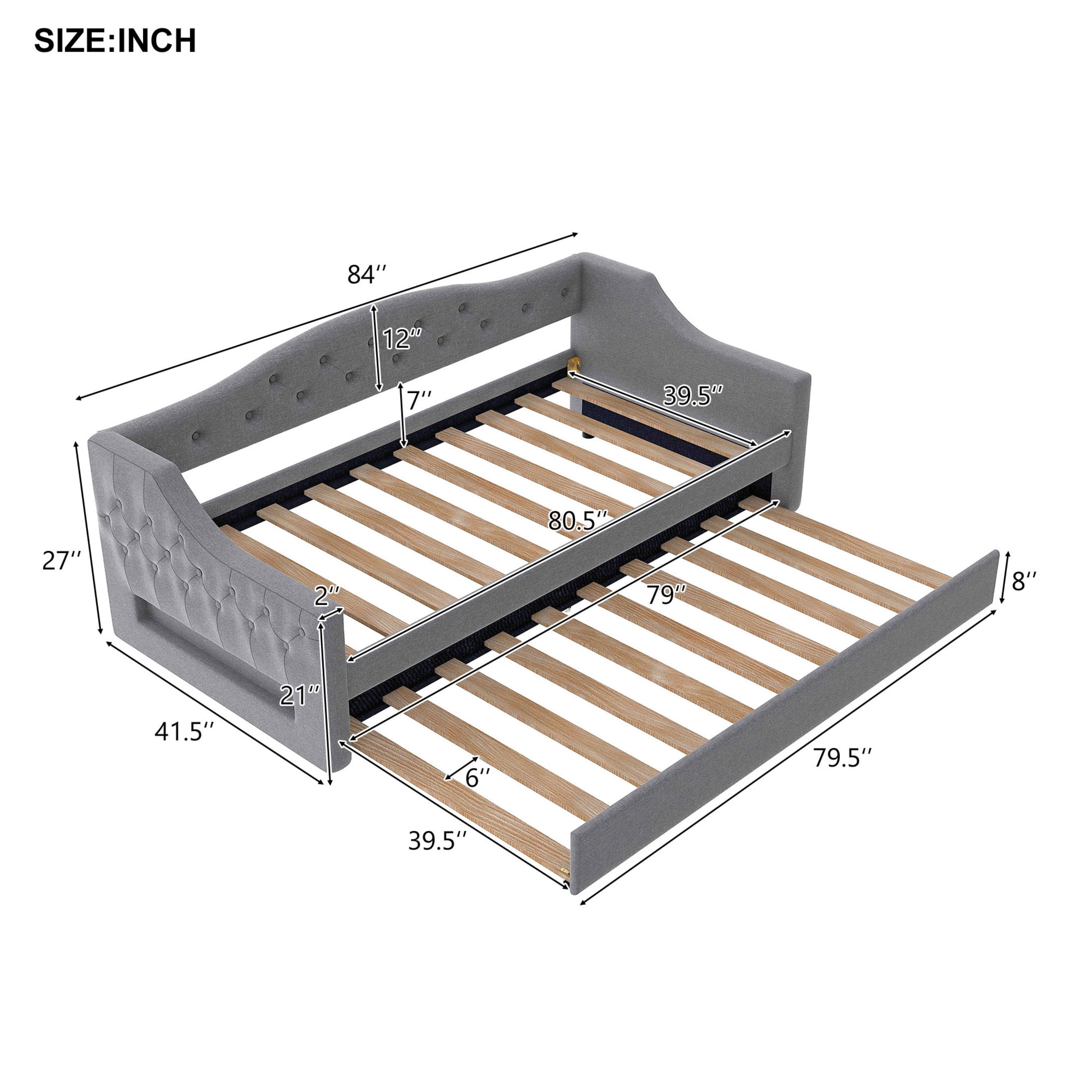 Noble House Twin XL Upholstered Daybed, Linen Frame with 7-Color LED Belt and Trundle, Space Saving Design, Gray