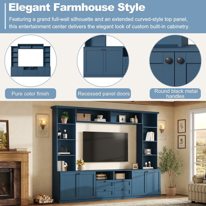Farmhouse Entertainment Center Wall Unit with Drawers & Adjustable Shelves, TV Stand Media Console with Bridge for TVs Up to 70"