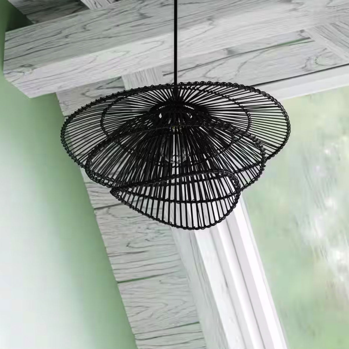 Ceybo 1-Light Black Woven Rattan Pendant Light, Tiered Hanging Chandelier with Adjustable Height for Dining Rooms, Kitchens & Living Spaces