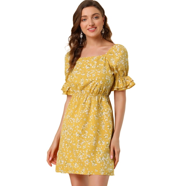 Vestido Floral Por Encima De La Rodilla Con Cintura Elástica Y Cuello Cuadrado Con Mangas Abullonadas Para Mujer Amarillo XS
