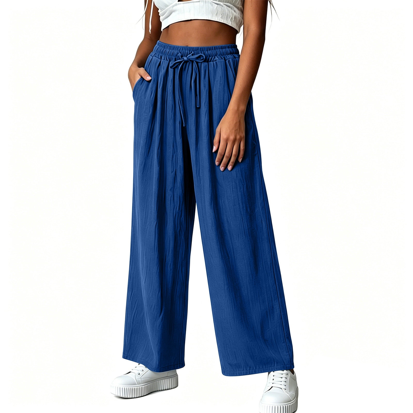 Loose Casual Drawstring Pants, Solid Color Elastic Waist Long Trousers, Women's Summer Loose Casual Solid Color Drawstring Pocket Pants