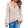 thumbnail image 2 of Craaazy Womens Shirts Cross V-Neck Solid Color Knit Top Ruched Slim Blouses Gifts For Women, 2 of 3