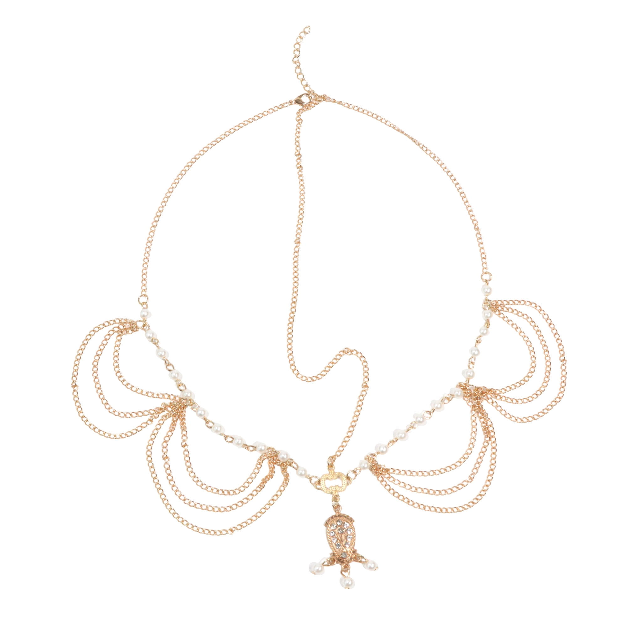 Unique Bargains Headpiece Faux Pearls Tassels Head Chain Gold Tone 1 Pc