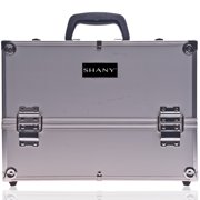 SHANY Essential Pro Makeup Train Case Cosmetic Box Portable Makeup Case Cosmetics Beauty Organizer Jewelry storage with Locks , Multi Compartments Makeup Box and Shoulder Strap - Silver