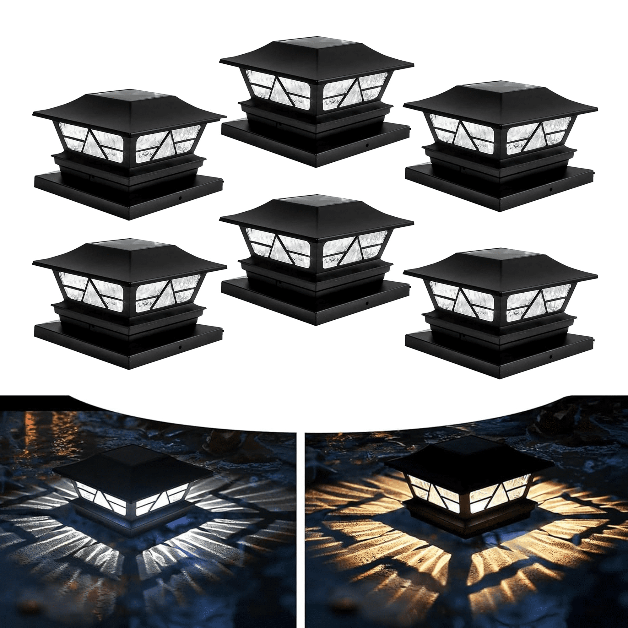 Dazzle Bright 6 Pack Solar Outdoor Fence Post Lights, 2 Modes Post Cap Lights Waterproof Color Changing Warm White/Cool White for Yard, Garden, Porch, Patio Decor, for 4x4 5x5 6x6 Wood Posts