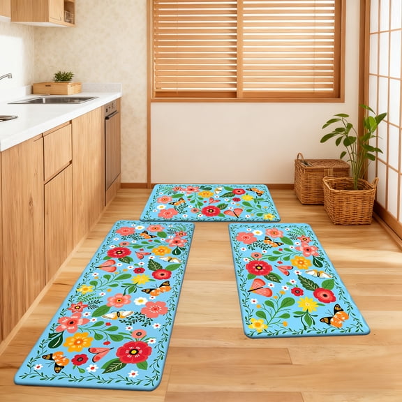 Spring Summer Kitchen Rug Set, Flannel & Sponge Mat with Floral Butterfly Design, Ultra-Soft Non-Slip Washable for Living Room Bedroom Decor
