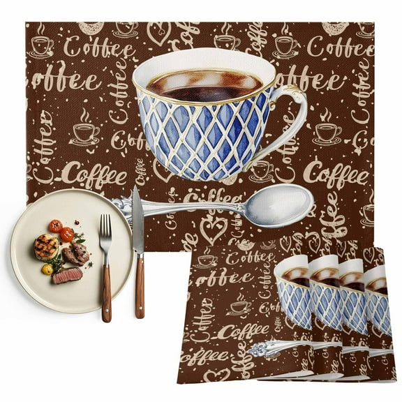Placemats Set of 6, Vintage Coffee Place Mats Brown Drink Cups Tablemats Washable Placemat Table Decoration for Kitchen Table Dinner Party Home Decor Indoor Outdoor 13x19 Inch