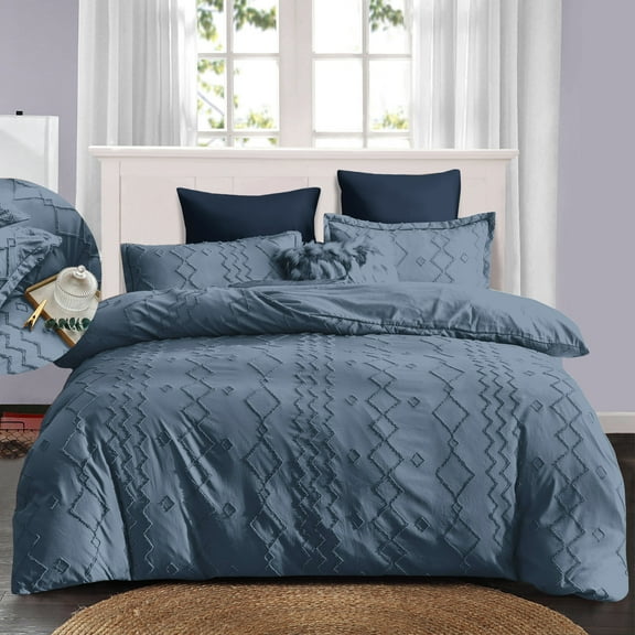 Shatex Tufted Bed-in-A-Bag Comforter Bedding Set- 7 Piece All Season Bed Sets Queen, Ultra Soft Polyester Bedding Comforters- Boho Stripes, Navy