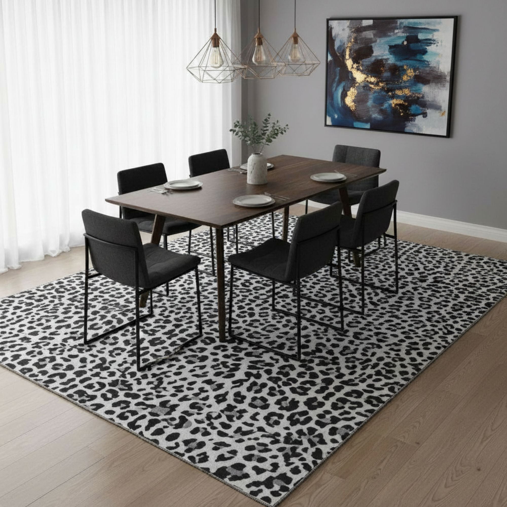 Ottomanson Non-Slip Area Rug 5' x 7'10" Soft Low Pile Bedroom Accent Rug, Leopard Print Black & White