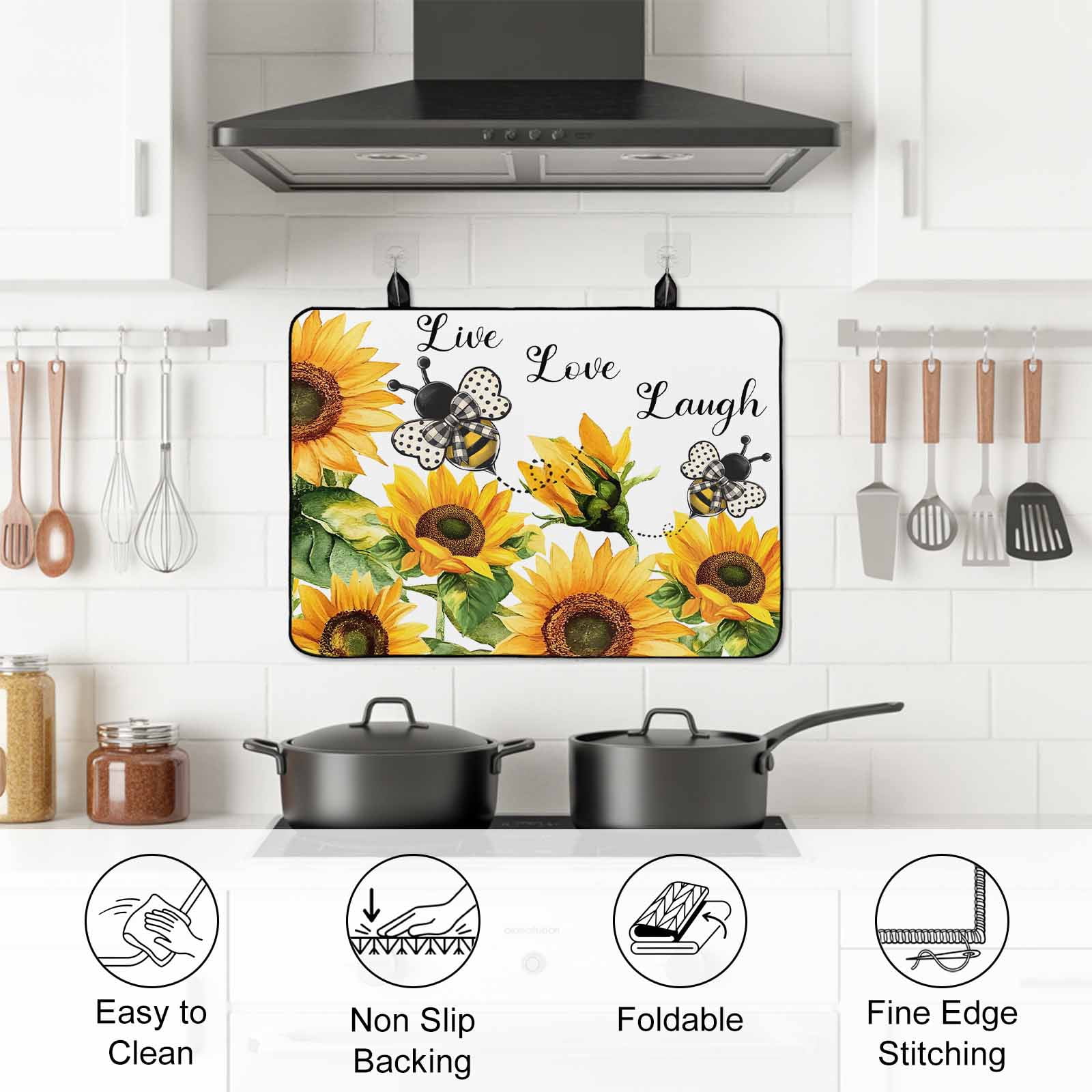 Sunflower Bee Stove Top Cover for Electric Stove, Heat-proof & Non Slip Glass Top Stove Cover Protector, Vintage Yellow Floral Farmhouse Watercolor Kitchen Flat Cooktop Rubber Mat 24x21 Inches