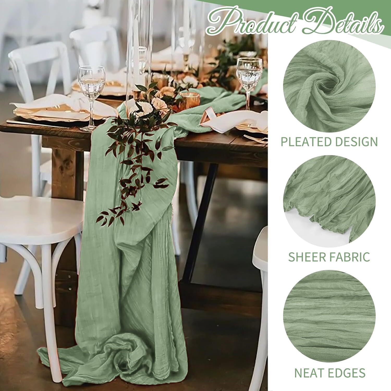 10 Pack Sage Green Cheesecloth Table Runner 17x108 Inch Boho Gauze Cheese Cloth Table Runners for Wedding Party Baby Shower Birthday Home Decor