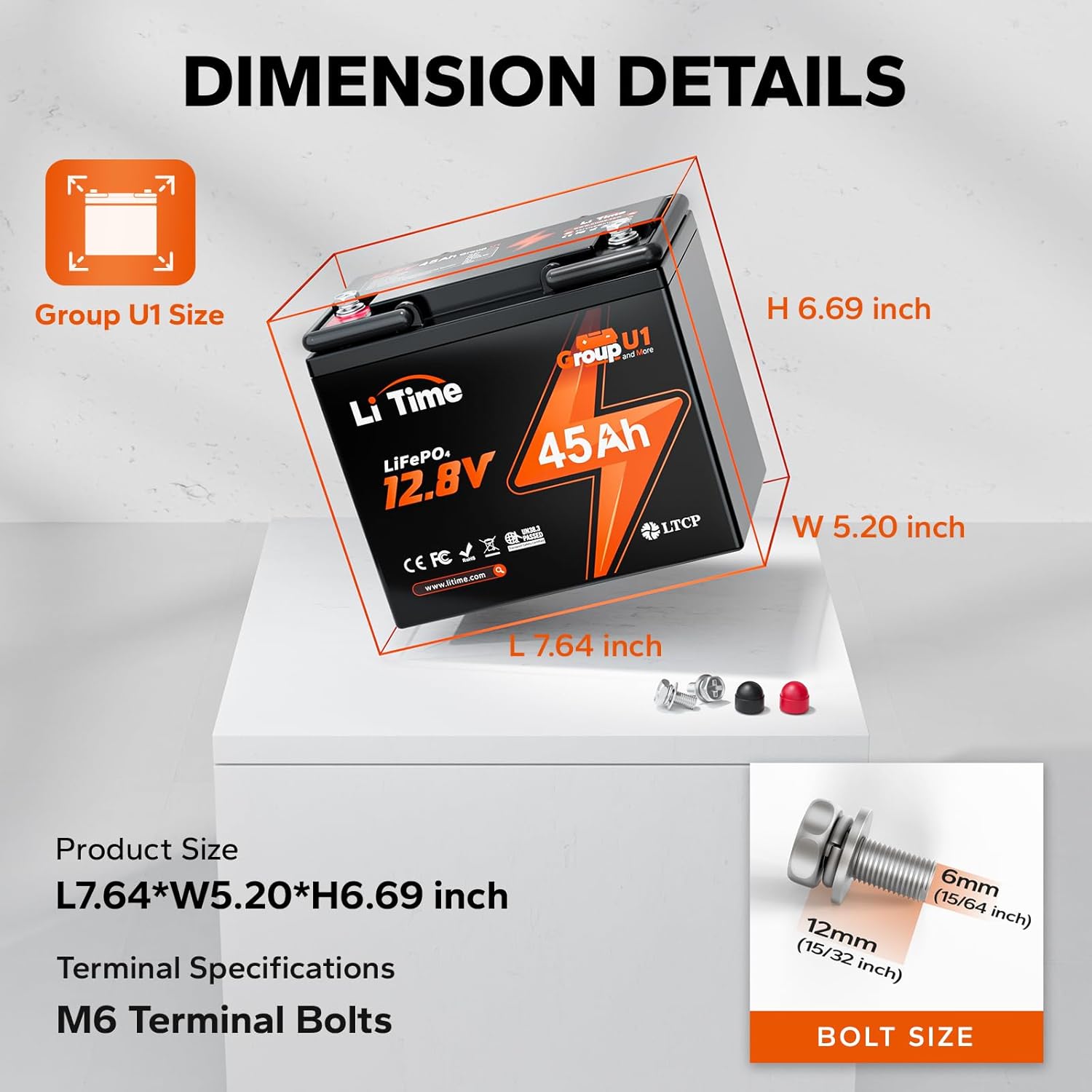 LiTime 12V 45Ah Group U1 LiFePO4 Battery Low-Temp Protection 45A BMS Wheelchair Lithium Battery, 576Wh Energy for Jazzy Select 6 Electric Wheelchair, Mobility Scooter, Trolling Motor