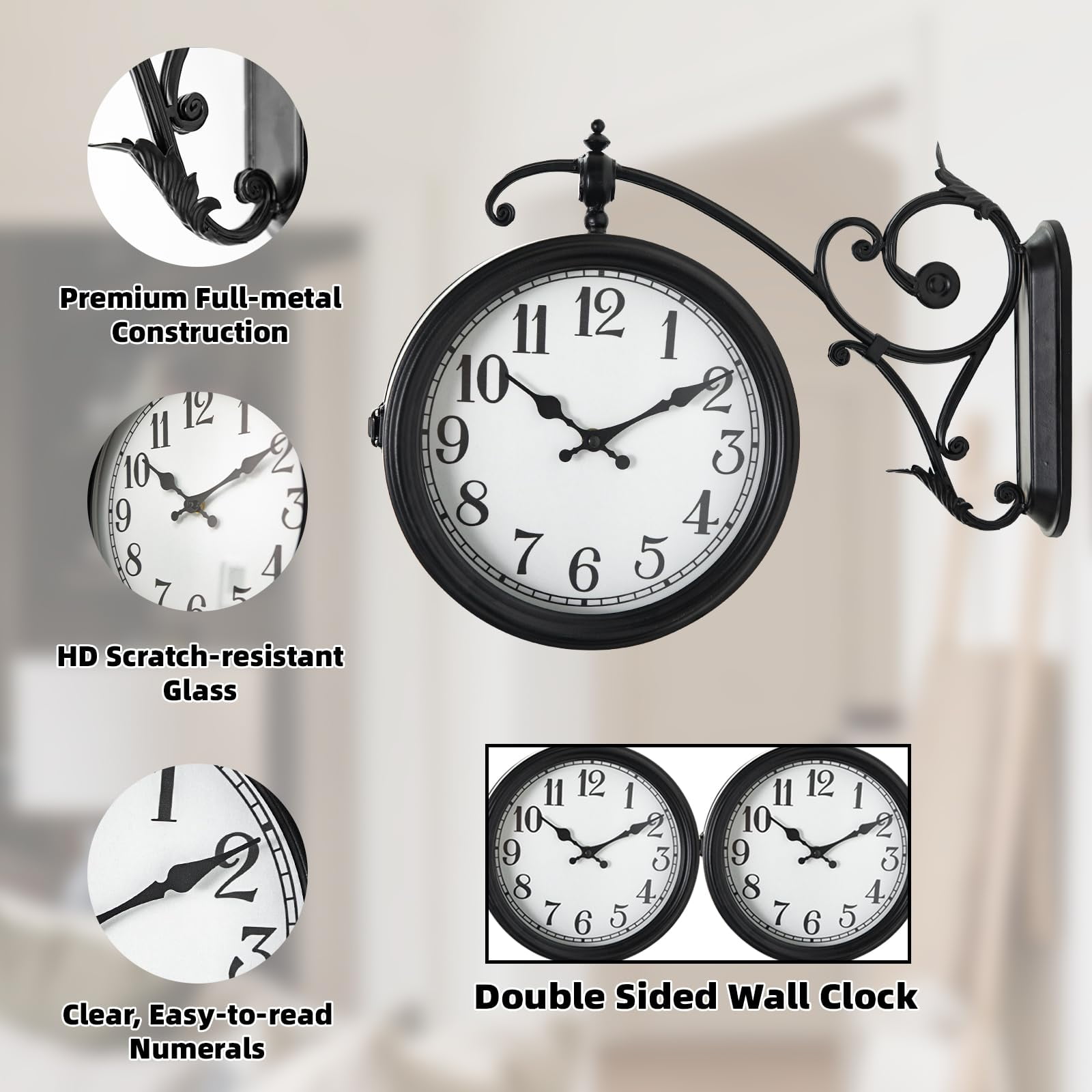MODE HOME Double Sided Wall Clock, European Metal Vintage Wall Clock, Large Antique Corner Wall Clocks for Garden,Indoor,Outdoor,Living Room Decor