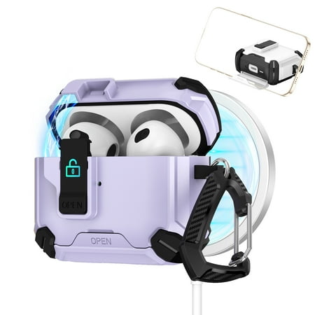 Dteck Case for Apple AirPods Pro 2 Charing Case Full Body Shockproof Hard Shell Protection Design with Secure Lock Clip & Phone Stand Compatible with AirPods Pro 2nd Gen 2022 Purple