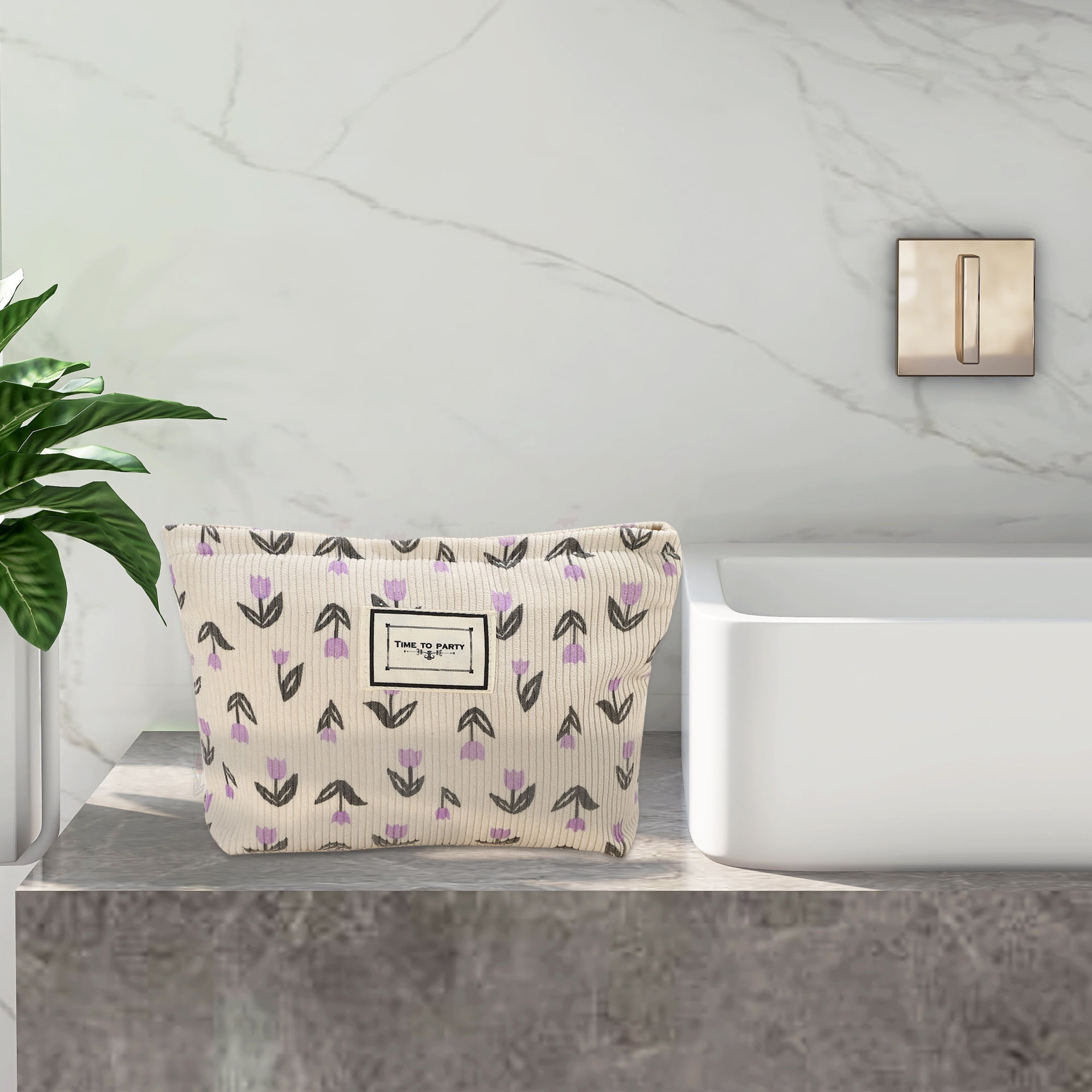 Unique Bargains Floral Makeup BagLarge Capacity Cosmetic Pouch Beige Purple