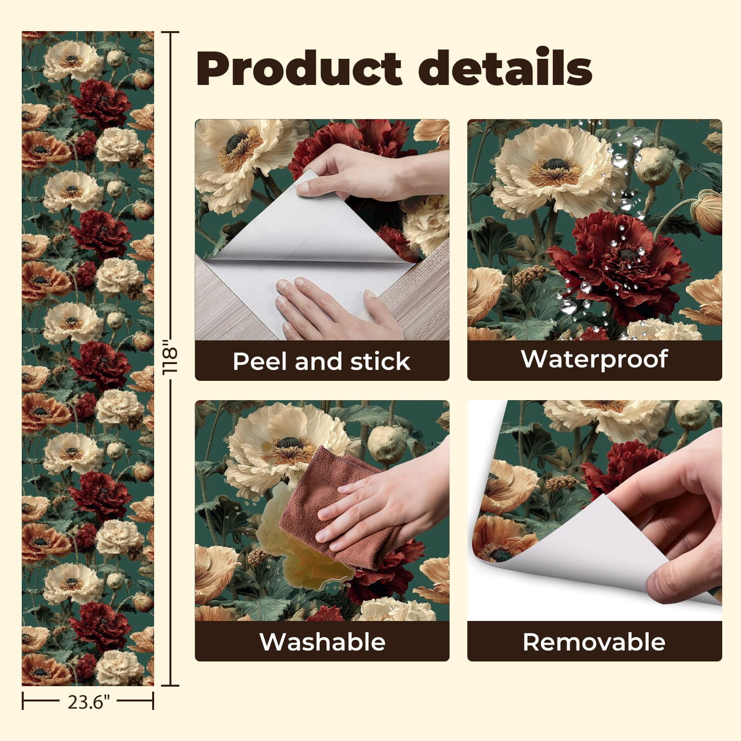 Vintage Peel and Stick Wallpaper Vivid Poppies Bloom Lush Greenery Soft Lighting Wall Mural 23.6in x 9.8ft Self Adhesive Removable Wall Paper Floral Contact Paper for Nursery Bedroom Cabinets