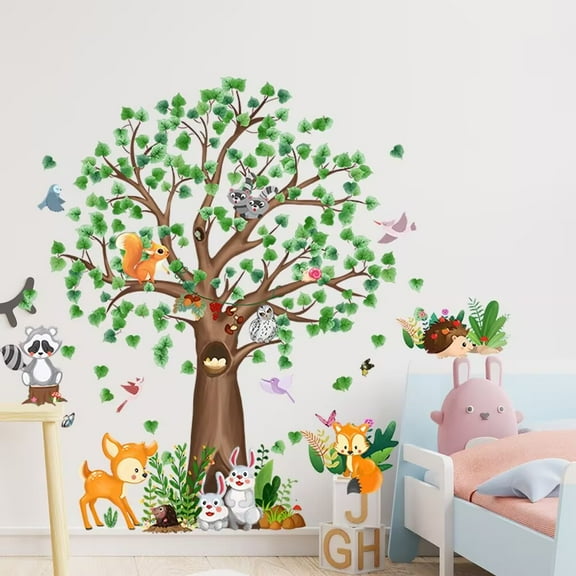 Woodland Animals Wall Decals Large Tree Wall Stickers Bear Fox Deer Wall Decals Rabbit Wall Stickers DIY Peel and Stick Art Decals Baby Nursery Kids Bedroom Toddler Room Wall Decor