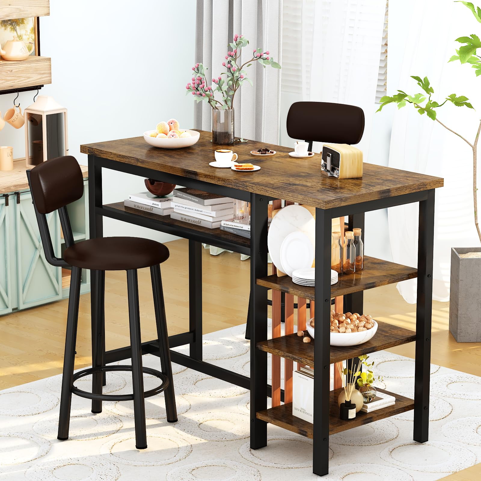 Lamerge Bar Dining Table Set for 2, 3 Piece Bar Table and Chairs Set, Kitchen Counter Height Dining Table Set, Small Kitchen Bar Table with Storage, Breakfast Nook Set for Small Space, Rustic Brown