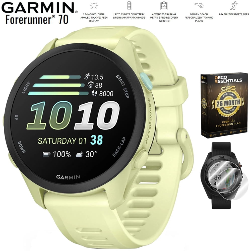Garmin Forerunner 70 Citron 010-04307-02 Bundle with Deco Essentials Exclusive 26 Month CPS Enhanced Protection Pack and Deco Essentials 2-Pack Screen Protector