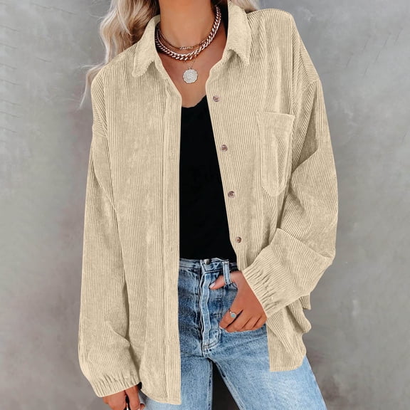 Fnooota Women's Long Sleeve Shirts, Loose Fit Casual Lapel Collar Corduroy Button Down Shirts Beige Size S-2XL
