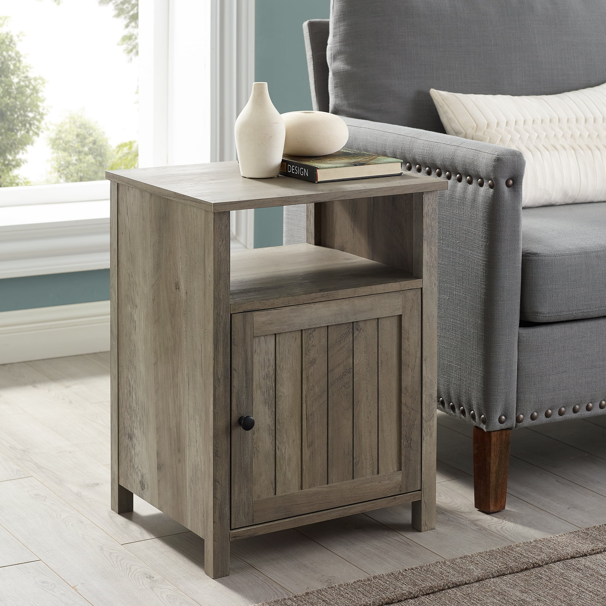 Manor Park Modern End Table With Open Shelf and 1Door Grey Wash