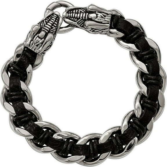 Primal Steel Stainless Steel Antiqued and Dragon Head Black Leather Bracelet