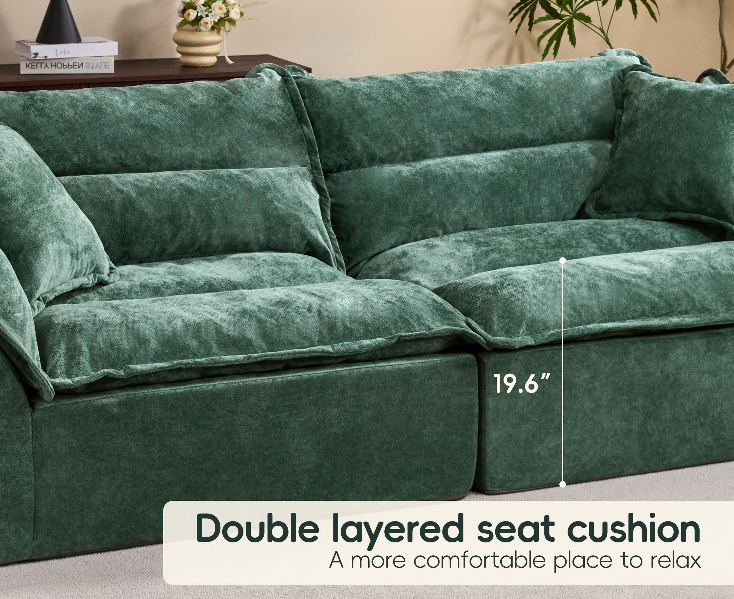 Hobestluk 104" Sectional Sofa Couches 3 Seater Modular Sofa, Boneless Couch, Cloud Couch with Removable Cushion, Modular Sectional Couches for Living Room(Green)