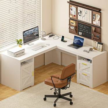 59" Farmhouse L Shaped Desk with Drawers & Storage Shelf, Corner Computer Desk with Power Outlets for Home Office, Executive Desk with Printer Shelf, White