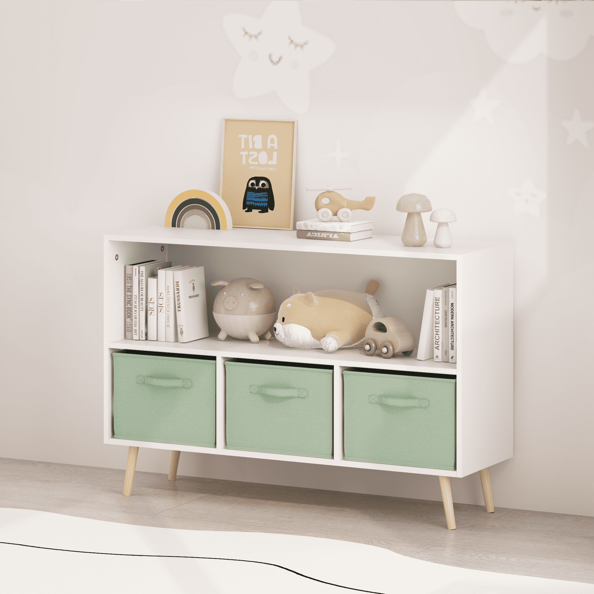 Kids Bookcase with Collapsible Fabric Drawers, Children’s Book Display & Toy Storage Organizer, MDF Cabinet with Pine Legs, White/Green