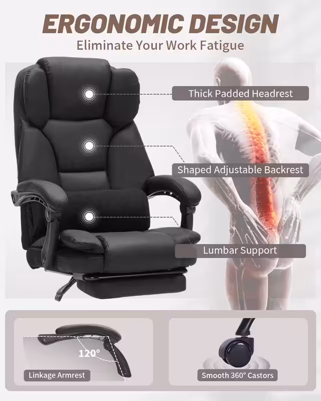 Qusaphy 600lbs Big and Tall PU Leather Executive Office Chair, Reclining Backrest up to 155°, Spring Cushion Seat, Lumbar Support & Adjustable Armrests for Home Office or Conference Room