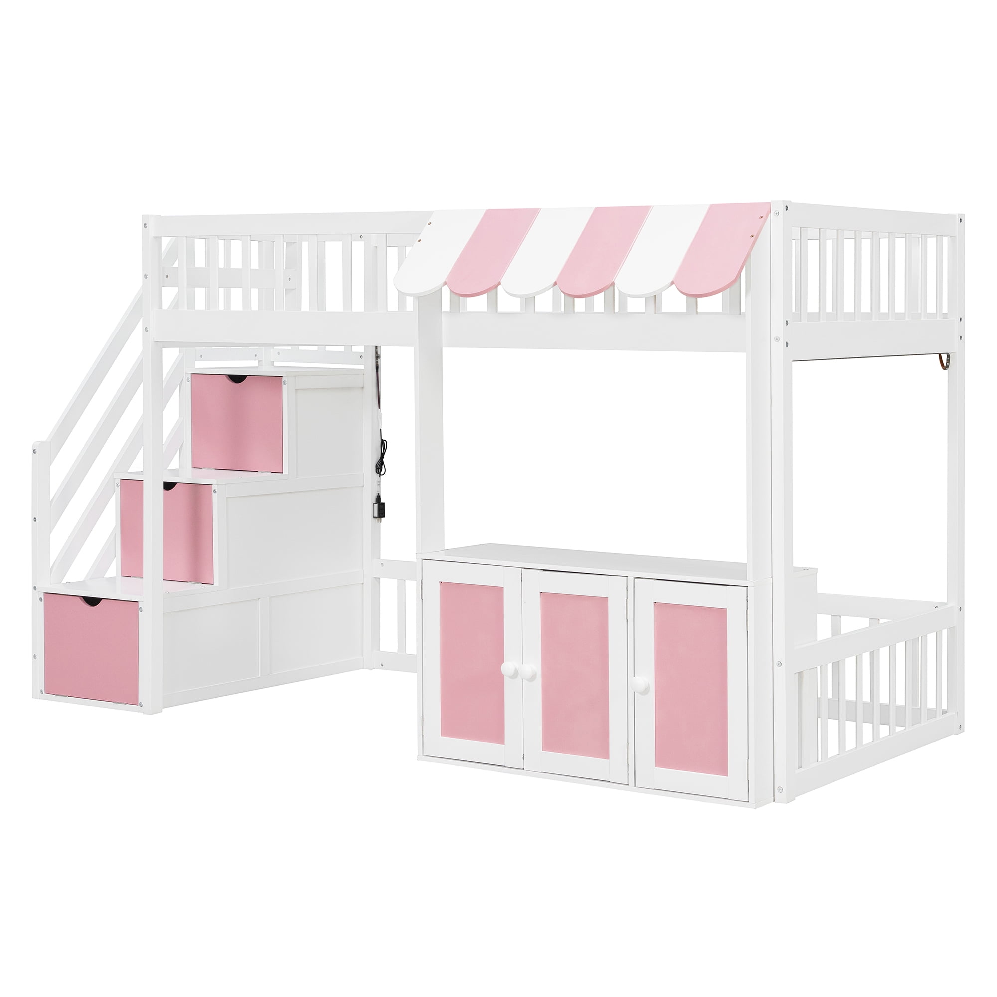 Mintazer Twin Size Loft Bed with Play Storefront & LED Lights, Kids Loft Bed with Guardrail and Storage Staircase & Cabinet for Bedroom, White & Pink