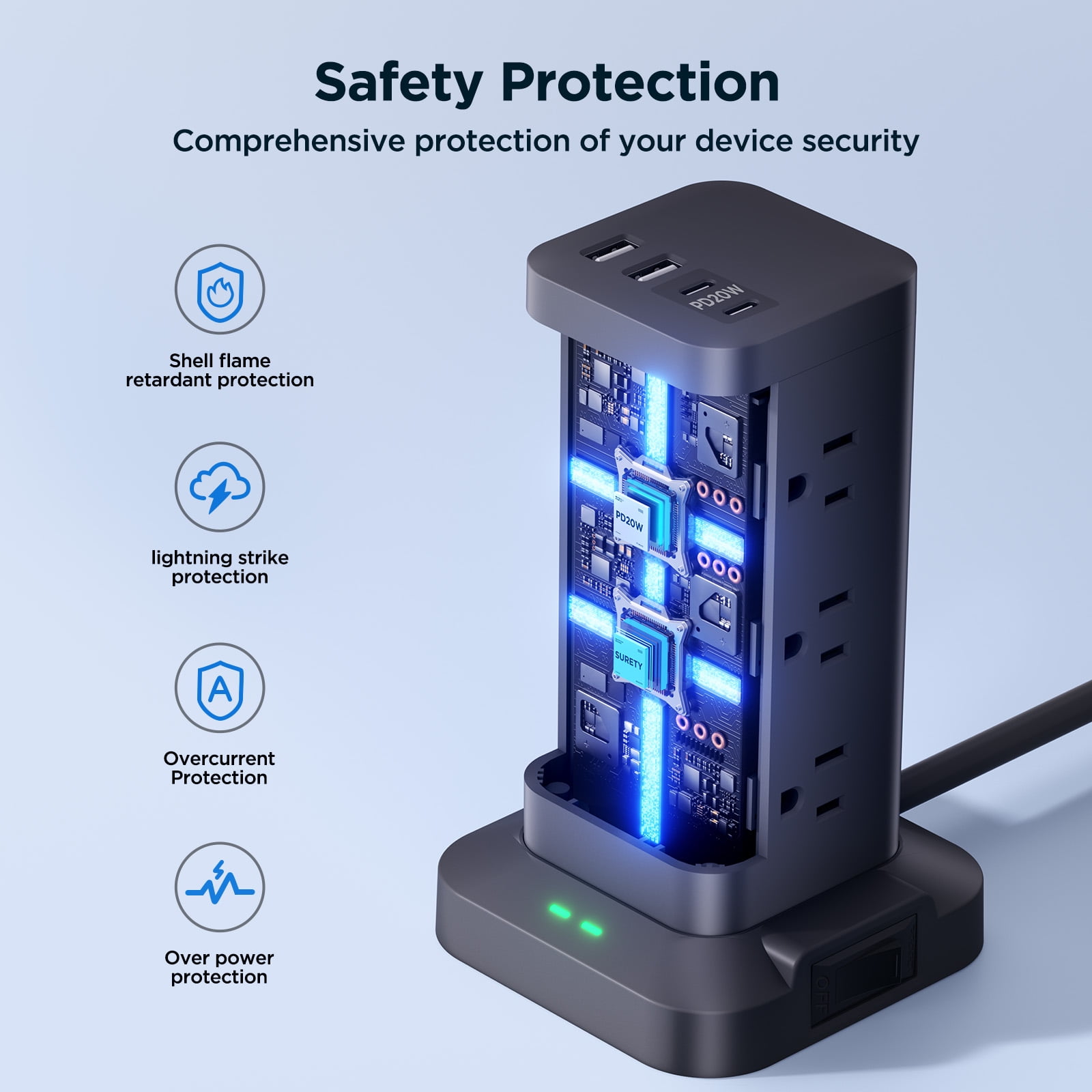 Aioneus Power Strip Tower Surge Protector with 12 Outlets and 4 USB (2 USB C + 2 USB A Ports) 6 FT Extension Cord, Black (2Pack)