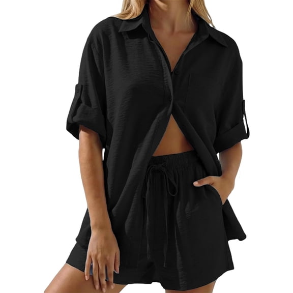 WRFWUL Matching Sets Women Clothing Short Sets Button Down Roll Tab Sleeve Shirts & Elastic Waist Shorts 2Pc Summer Outfits