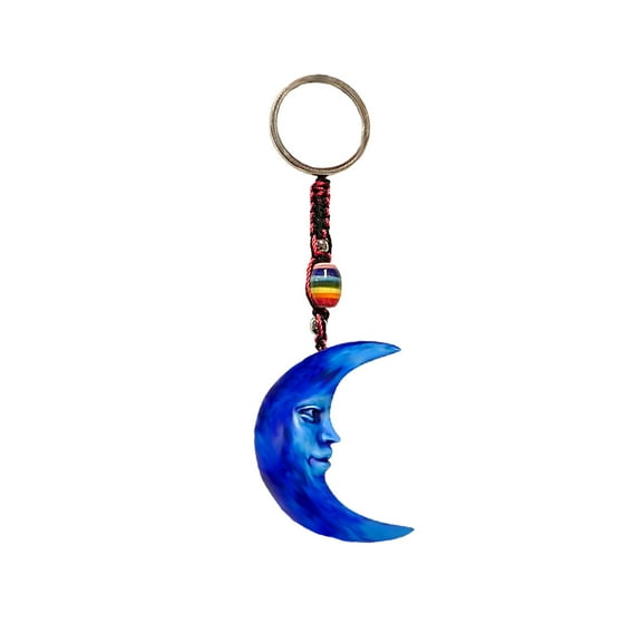 Blue Crescent Moon Celestial 3D Figurine Keychain Multicolored Macramé Metal Ring - Handmade Gifts Boho Car Keys Bag Accessories