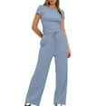 thumbnail image 5 of yievot 2 Piece Set Women Summer Going Out Outfits Slim Short Sleeve Shirts and Wide Leg Pants Loungewear Tracksuits, 5 of 7