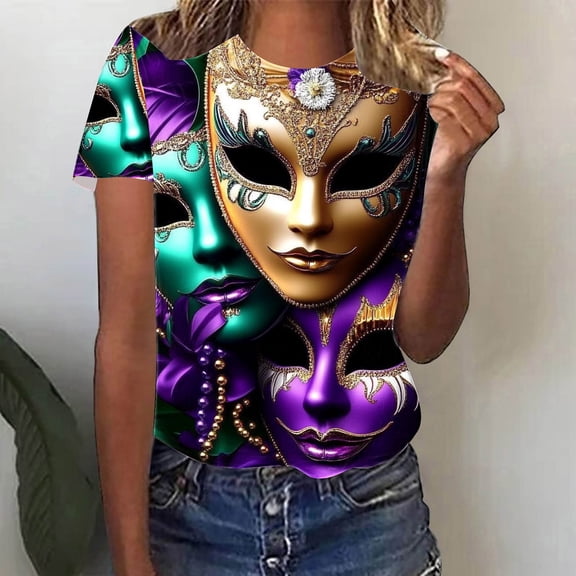 Jsaierl Womens Mardi Gras Tshirts Cute Carnival Themed Mask Graphic Tees Loose Fit Short Sleeve T Shirts Blouses Dressy Casual Crewneck Party Tops