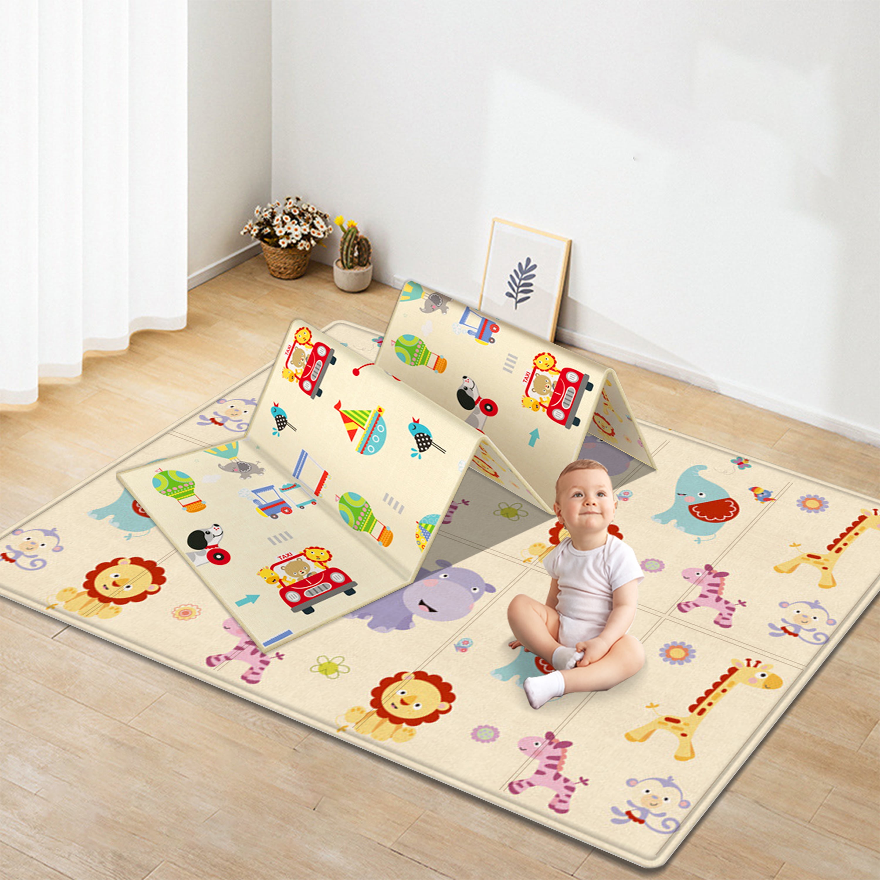 Anti Slip Soft Crawling Mat for Infants Toddlers Kids Play Mat for Baby 79x 71x 0.6 Extra Large Reversible Folding Floor Mat,Durable Wipe Clean Waterproof XPE Foam with Fabric Covering Edge 