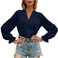 thumbnail image 2 of FAKKDUK Shirts for Women Fall Long Sleeve Womens V Neck Full Sleeve Casual Tees Blouses Tops Women's Solid Fashion Pullover Blouse Loose Fitting Top, Navy&L, 2 of 7