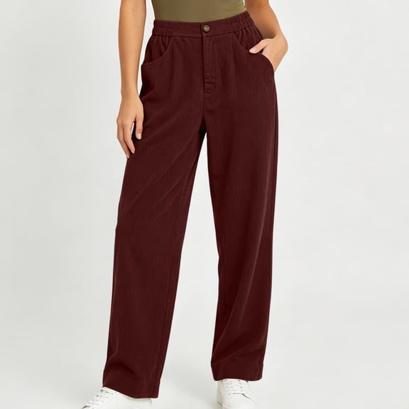 Cagogo Women's Corduroy Straight Leg Trousers High Waisted Loose Casual Pants with Pockets Everyday Long Pants Vacation Travel Outfits, Wine XL