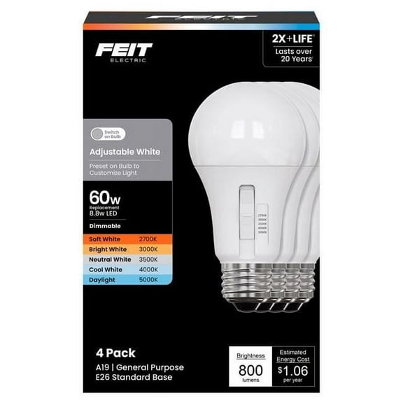 Feit Electric 3018681 60W A19 E26 Medium Adjustable Equivalence LED Bulb, White - Pack of 4
