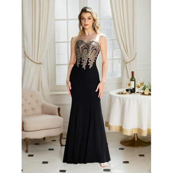 Women's Off-Shoulder Gold Thread Embroidered Mermaid-Style Evening Gown, Perfect for Christmas and Halloween Costumes