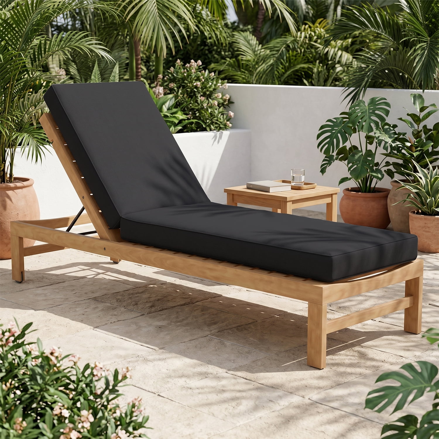 BaPiPro Black Outdoor Chaise Lounge Cushion, Waterproof Patio Lounge Chair Pad with High-Density Foam, Removable Cover & Secure Ties for Poolside, Garden & Patio
