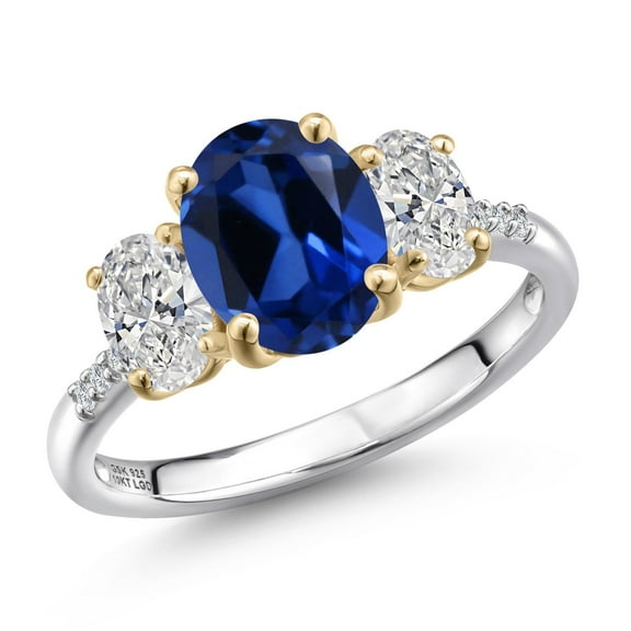 Gem Stone King 925 Silver and 10K Yellow Gold Blue Created Sapphire and DEF Lab Grown Diamond Engagement Ring for Women | 3.36 Cttw | Oval 9X7MM | September Birthstone | Size 9