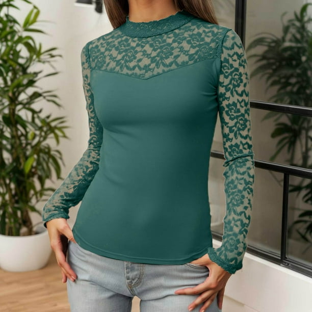 MHFRRA Camiseta de Manga Larga de Color, Informal, de Moda, Básica, con Cuello Redondo, para Uso Diario Verde Oscuro