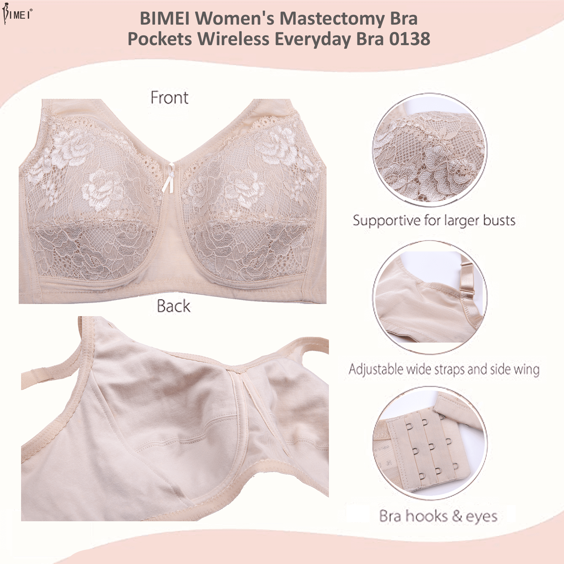 BIMEI Mastectomy Bra with Pockets for Breast Prosthesis Women Wirefree  Everyday Bra plus size 8103,Pink, 40C