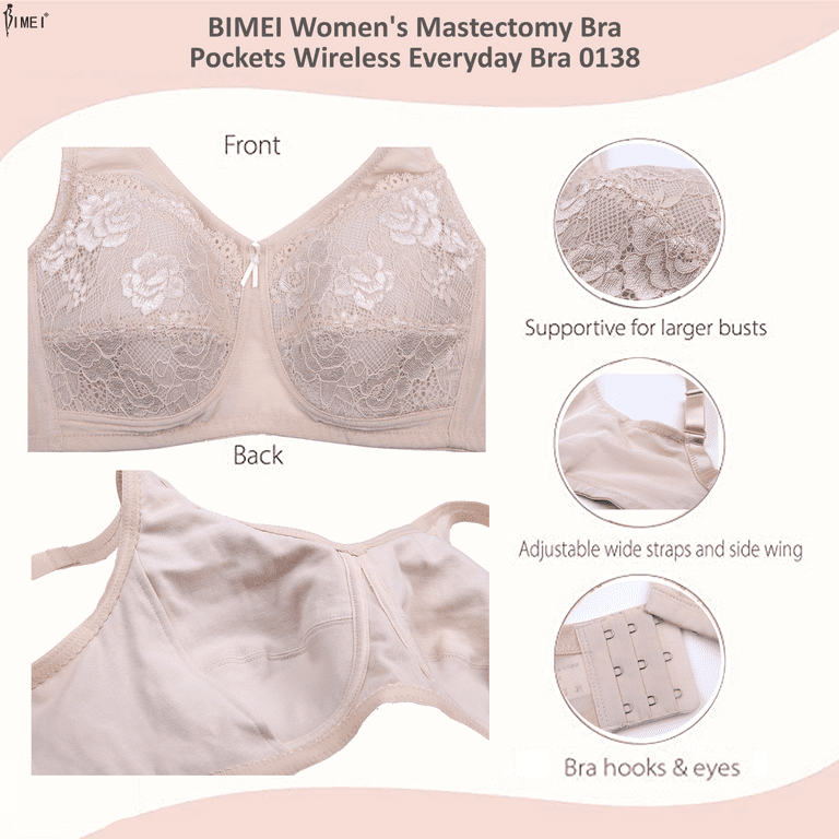 BIMEI Women's Mastectomy Bra with Pockets for Breast Prosthesis Wire Free  Pocketed Everyday Bra for Everyday Bra 0138,Beige,40C