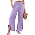thumbnail image 2 of QHFBli Womens Wide Leg Linen Pants Smocked Elastic Waist Ruffle Hem Palazzo Pants Summer Loose Comfy Beach Pants with Pockets, 2 of 5